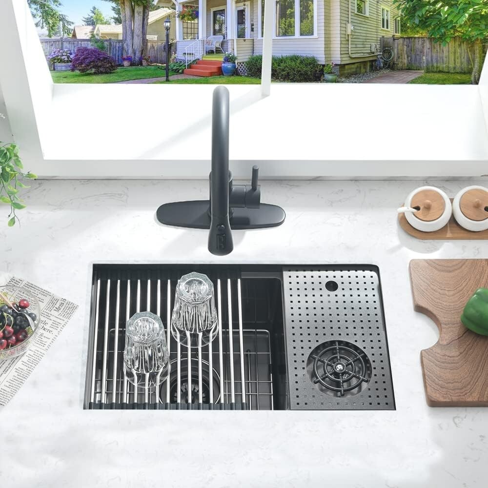 24 Inch Nano Black Hidden Bar/Cafe/RV/kitchen Sink with Glass Rinser 24*14 INCH