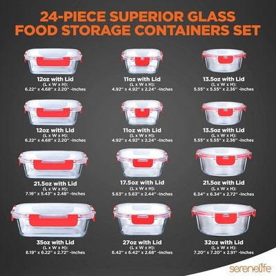 Serenelife (24) Superior Glass Food Storage Containers Set- Stackable Design-Red