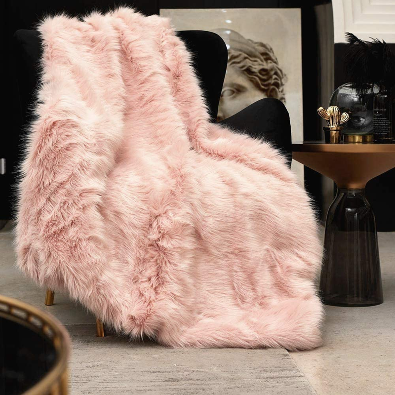 Pink Faux Fur Throw Blanket, Luxury Modern Blush Home Throw 