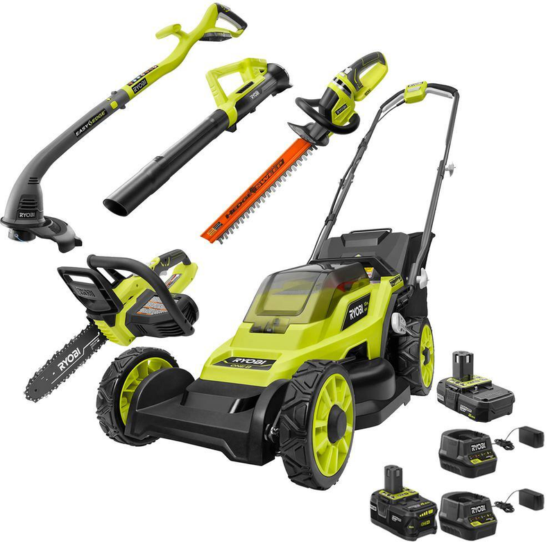 RYOBI 18V Cordless Walk Behind Push Lawn Mower, Chainsaw, Hedge, String Trimmer