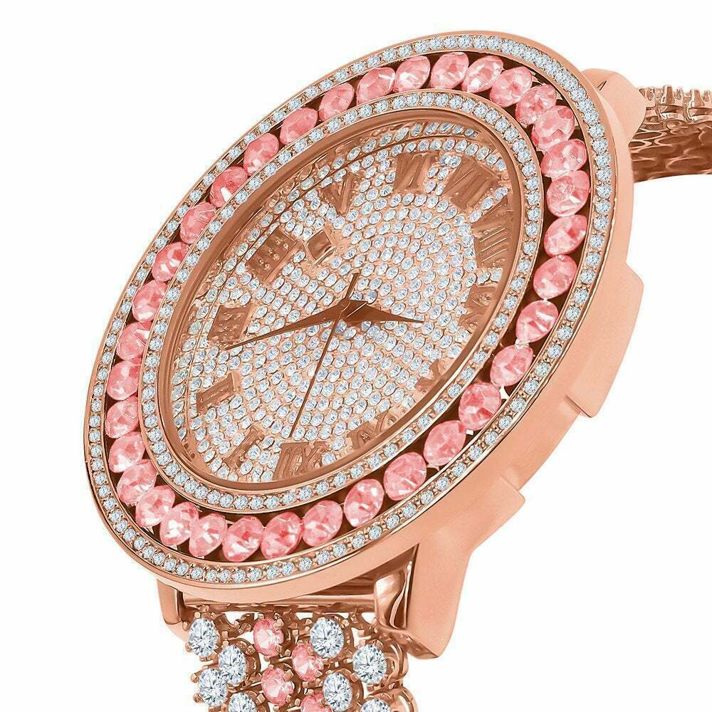 Pre-owned Pink Solitaire Roman Face Simulated Diamond 18k Rose Gold Tone Steel Back W/date