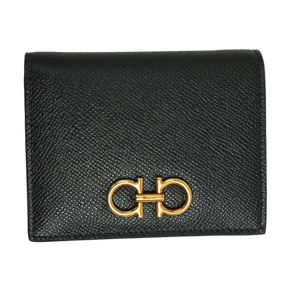Salvatore Ferragamo｜HALF-LENGTH WALLETS (220434 760658) BRAND NEW SALVATORE FERRAGAMO GANCINI BLACK LEATHER BIFOLD