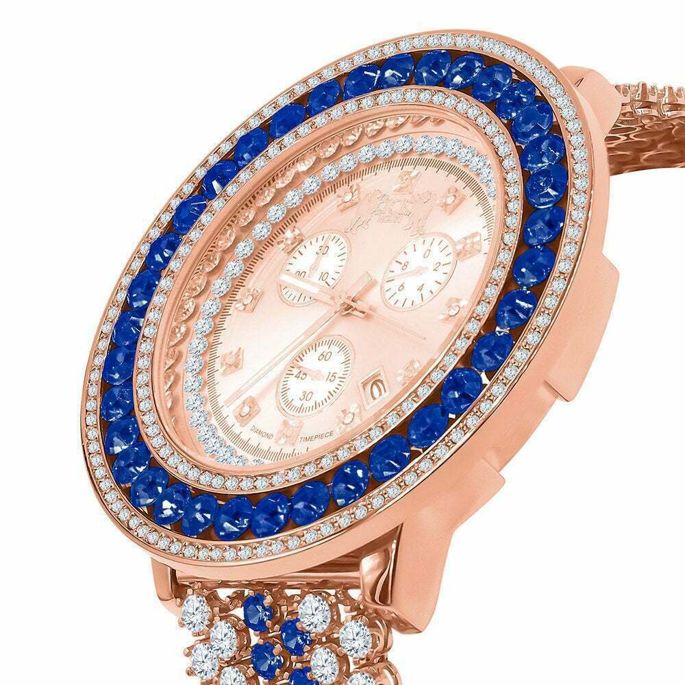 Pre-owned Ice House Blue Solitaire Xxl Big Face Simulate Diamond 18k Rose Gold Tone W/date Watch