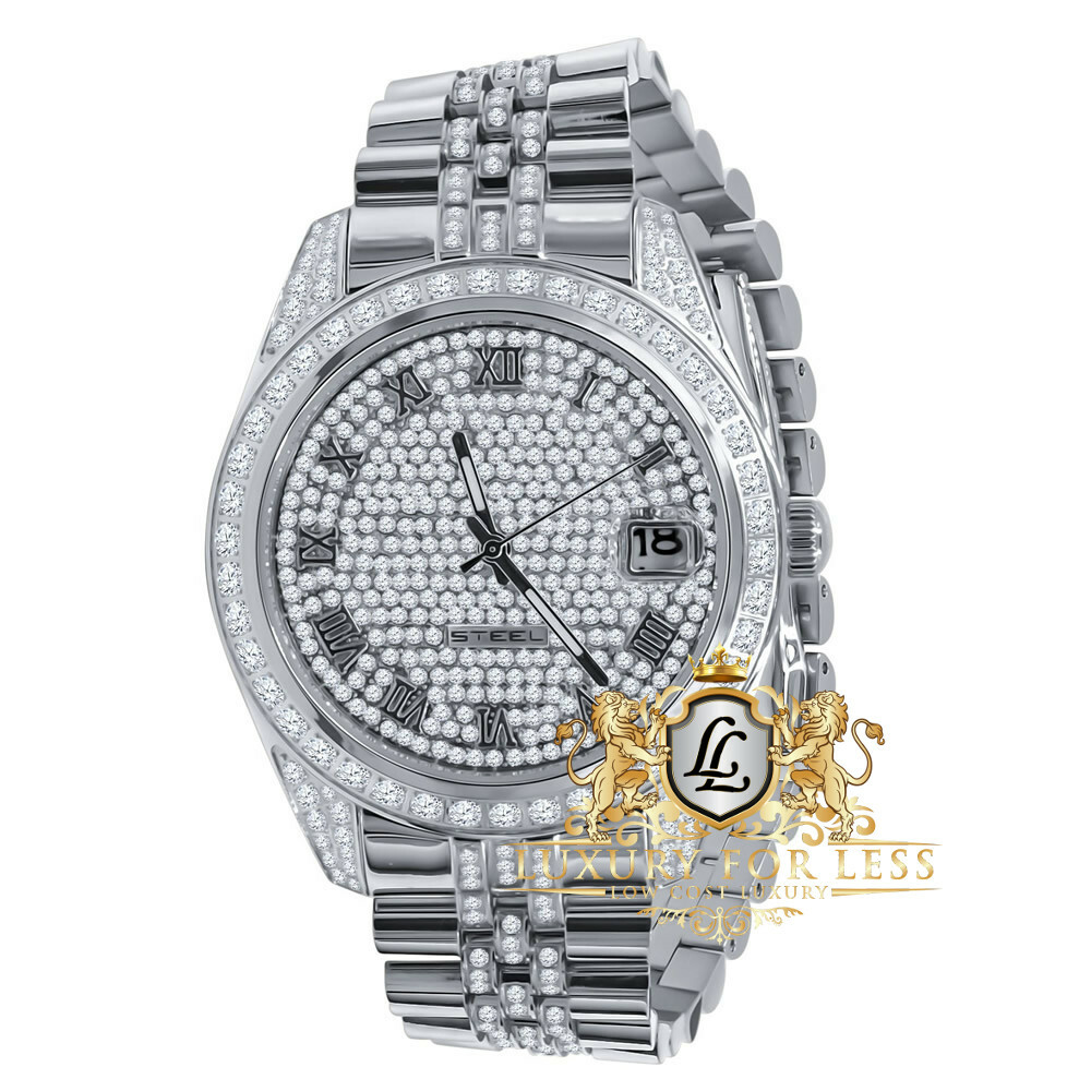 Pre-owned Bling Master Men's Full Steel 18k White Gold Finish Simulated Diamond Presidential Watch 40mm