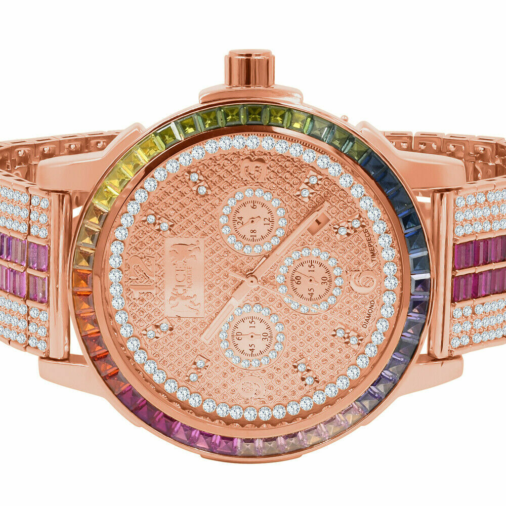 Pre-owned Ice House 18k Rose Gold Real Diamond Dial Rainbow Multi Tone Solid Steel Bezel Band Watch