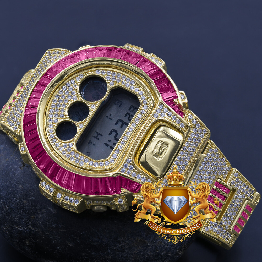 Pre-owned Usdiamondking Baguette Pink Tourmaline Gold Tone Casio Shock Authentic Dw-6900 Custom Watch