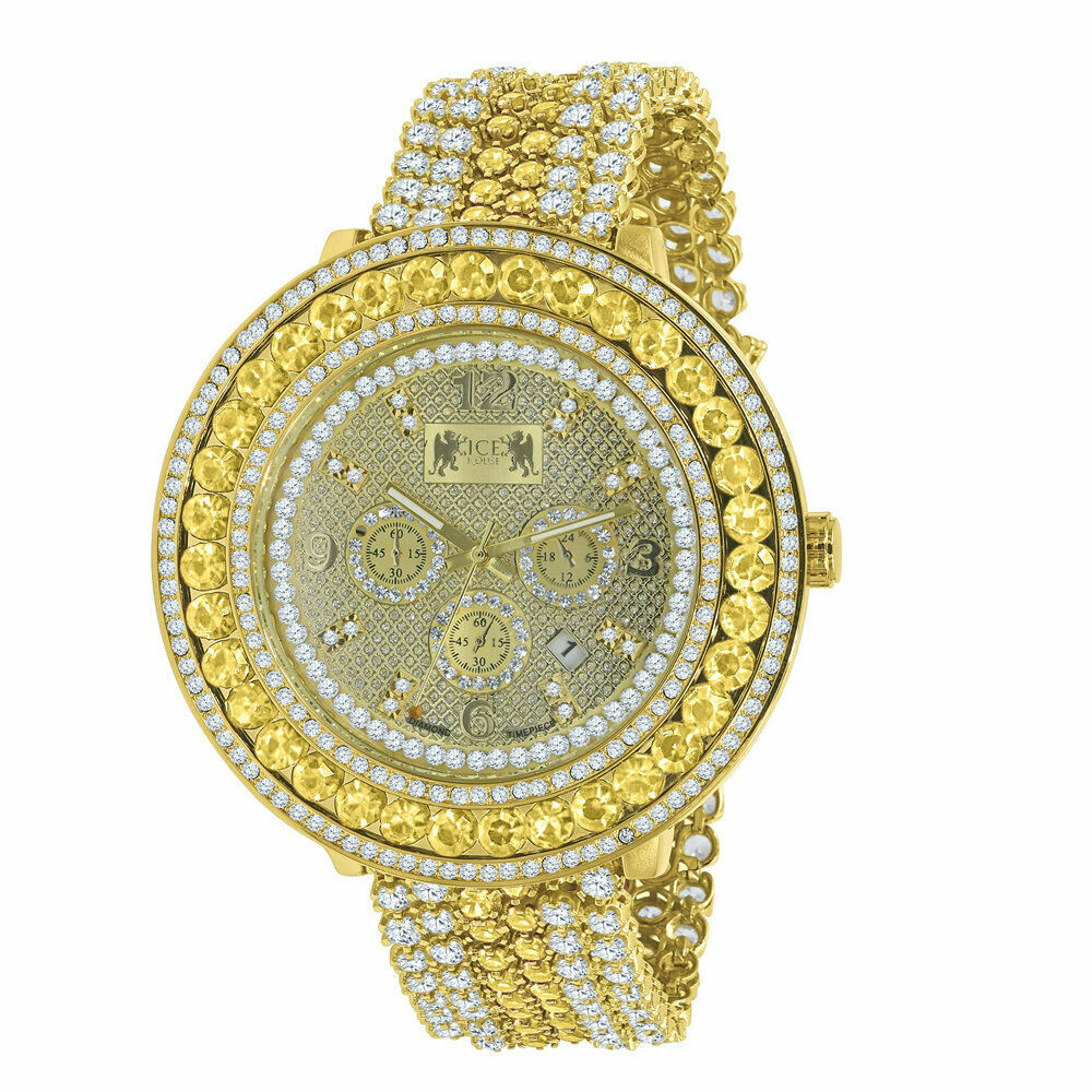 Pre-owned Ice House Men's Custom Big Face Xxl Multi Cz Canary & White Remove Able Bezel Wrist Watch