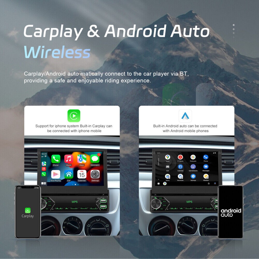 Single 1DIN 7" Car Stereo Radio Apple Carplay Android Auto GPS Flip Out Screen