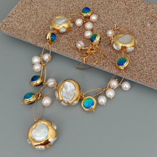 Freshwater Cultured White Keshi Pearl Blue Murano Glass Necklace 21"