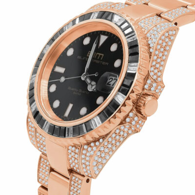 Pre-owned Bling Master Full Stainless Steel 18k Rose Gold Finish Simulated Diamond Mens President Watch