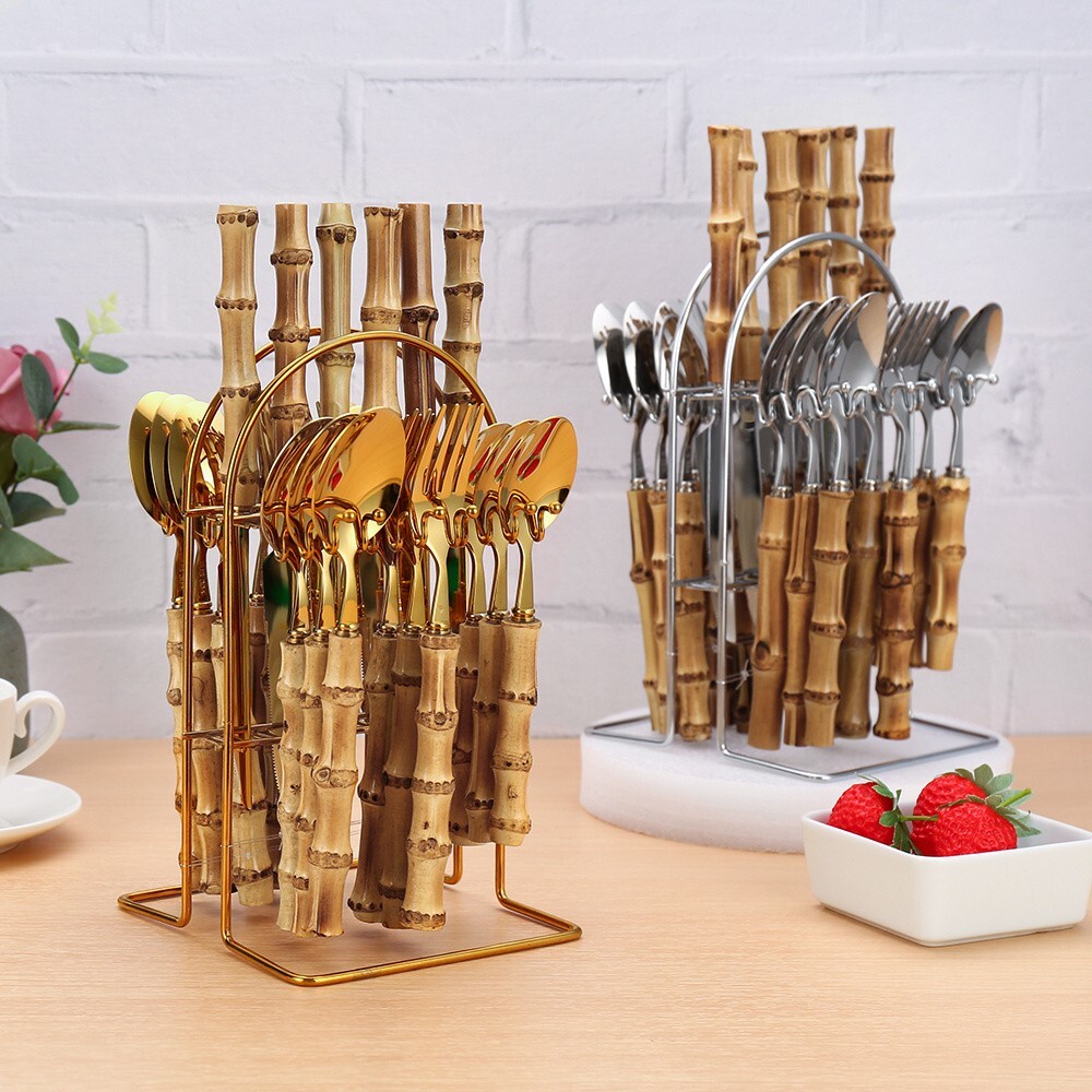 With Wooden Handle And Holder, Natural Bamboo Tableware Set 