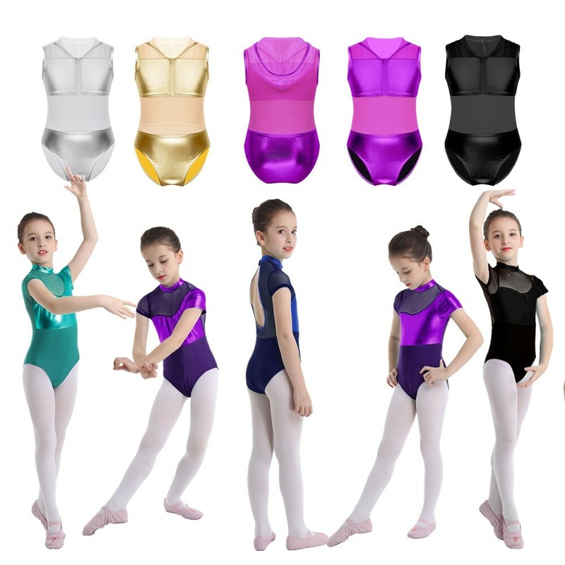Kids Girls Shiny Metallic Ballet Dance Wear Gymnastics Bodysuit Workout Leotards
