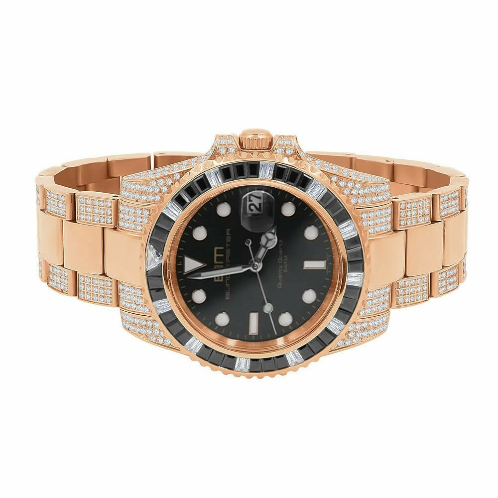 Pre-owned Bling Master 18k Rose Gold Finish Full Stainless Steel Simulated Diamond Mens President Watch