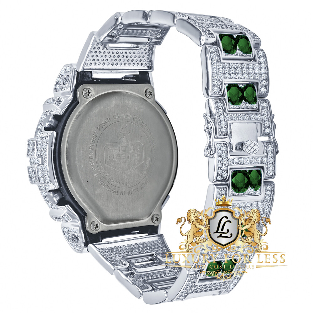 Pre-owned Casio Mens Solitaire Emerald Green White Gold Finish  G-shock Dw6900 Custom Watch