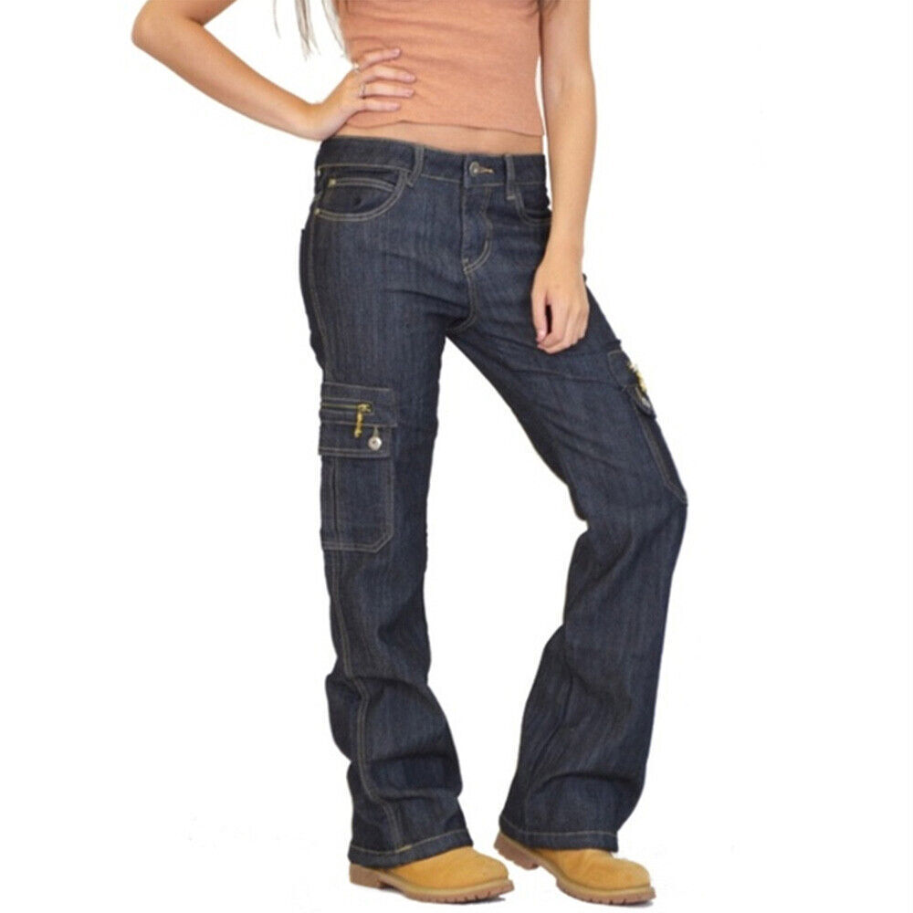 Womens Low Rise Denim Jeans Pants Loose Long Straight Leg Pockets Cargo Trouser