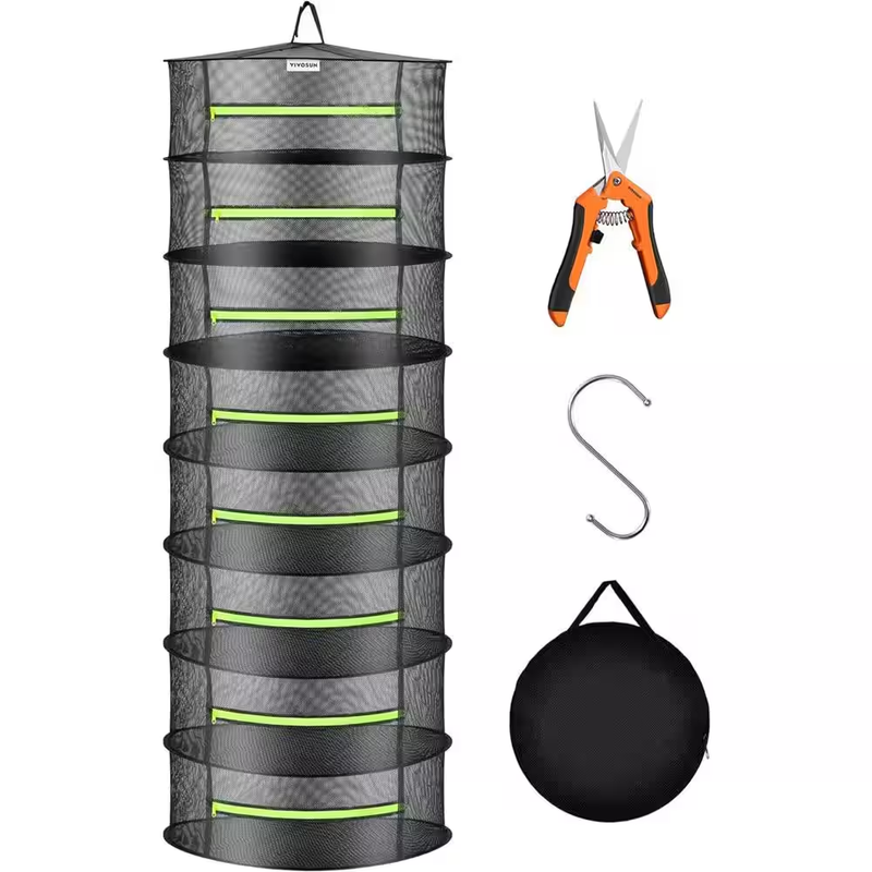 Hanging Drying Rack 8 Layer Mesh Herb Plant Dehydrator With Zippers Green