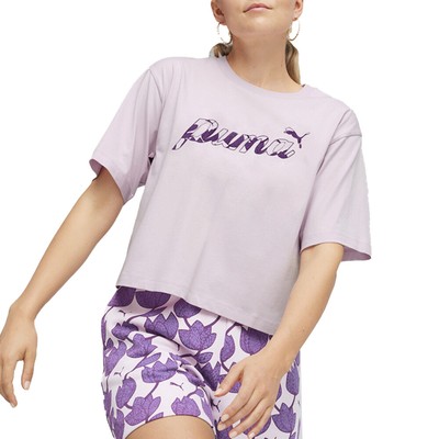 Женская фиолетовая футболка с круглым вырезом и коротким рукавом Puma Essential Blossom с графическим рисунком Casu