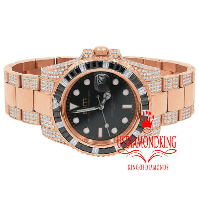 Pre-owned Bling Master Full Stainless Steel 18k Rose Gold Finish Simulated Diamond Mens President Watch