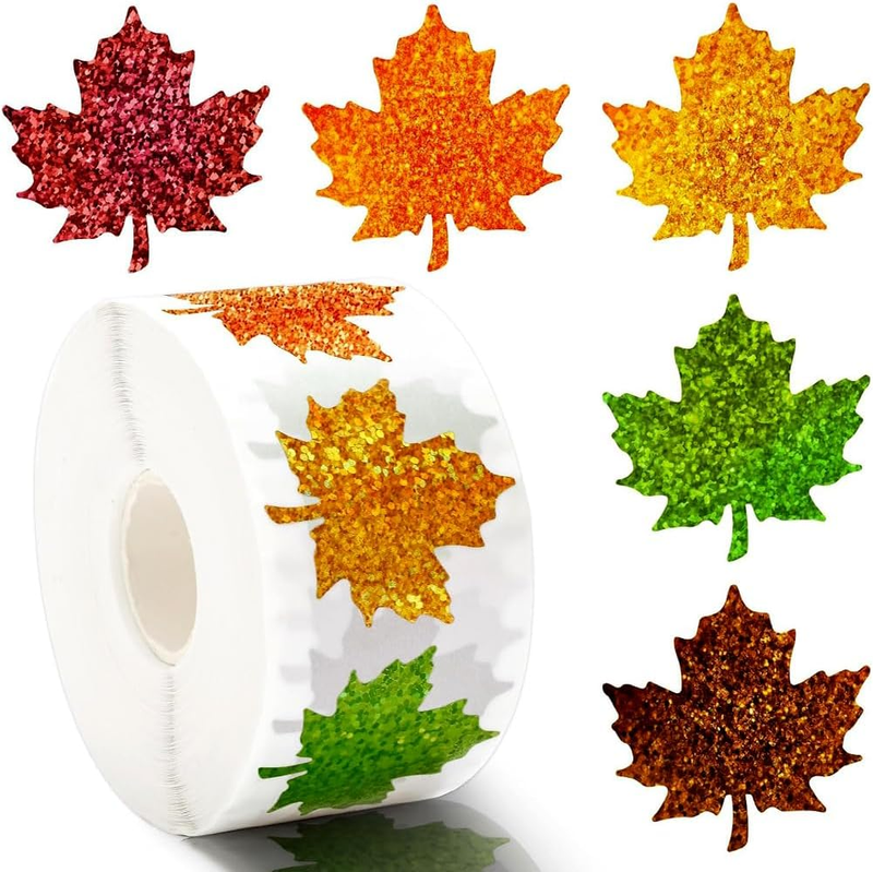 500Pcs Fall Thanksgiving Leaf Stickers 1.5In Holographic Maple Leaf Decals 5 Col
