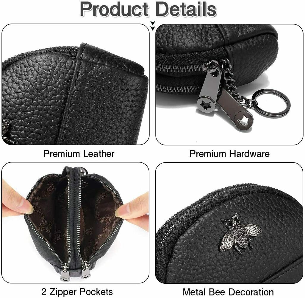 Womens Genuine Leather Small Coin Holder Change Purse Zipper Key Card Wallet