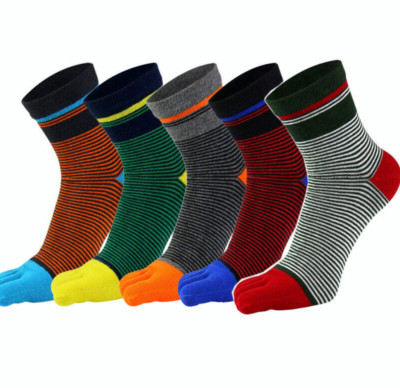 6 Pairs Men Crew Five Finger Toe Striped Athletic Sport Combed Cotton Socks 7-11