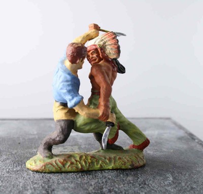 COMPOSITION ELASTOLIN WW Wild West Cowboy Indian Wrestling Pair Boxed ~7cm X