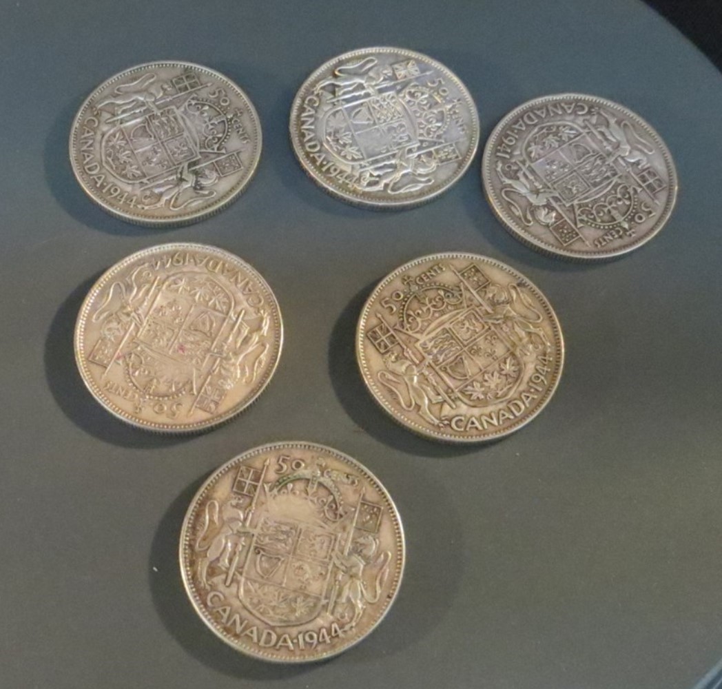 Lot Of 6 Canadian 1941,1944 Silver 1/2 Dollars 50 Cent Coins 2.4oz