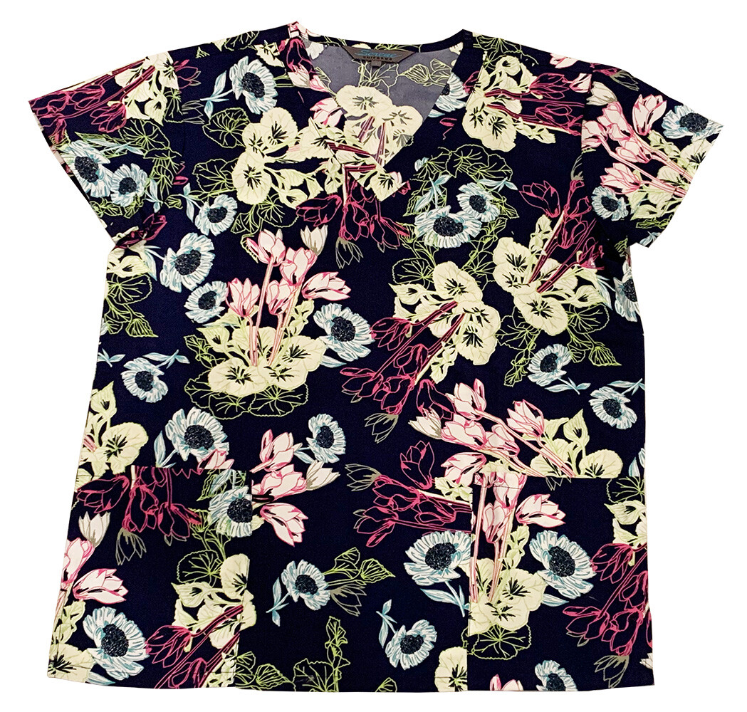 

Женские медицинские скраб-топы из микрофибры Темно-синяя основа Синий Зеленый Розовый Эскиз Цветок, Многоцветный