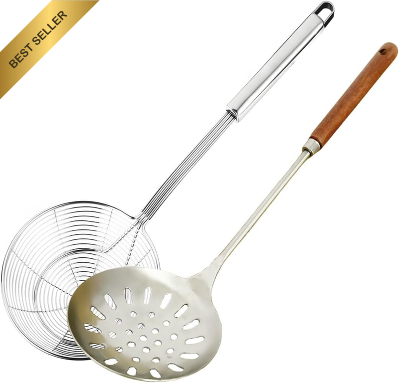 2 Pack Frying Spoon Solid Stainless Steel Spider Strainer Skimmer Ladle with Han