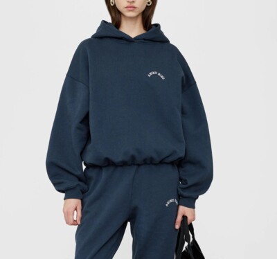 ANINE BING Cotton Long Sleeve Drawstring Hooded Hoodie Top for Women Blue