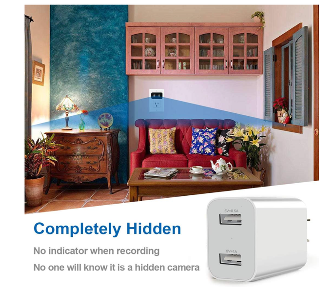 Cozy room interior with covert surveillance USB charger.