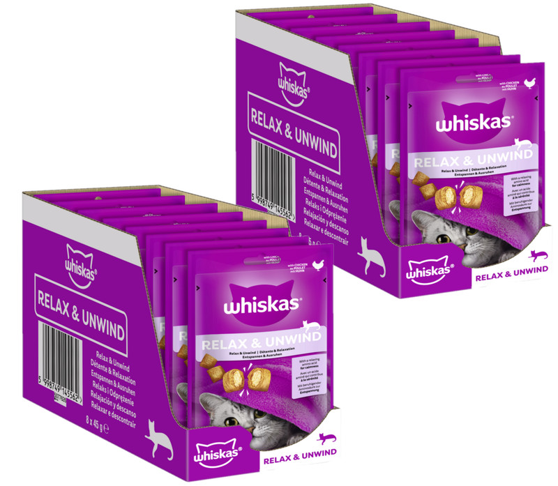 2x8x45g Whiskas Relax& Unwind Katzensnack Katzenleckerlis Mit Huhn