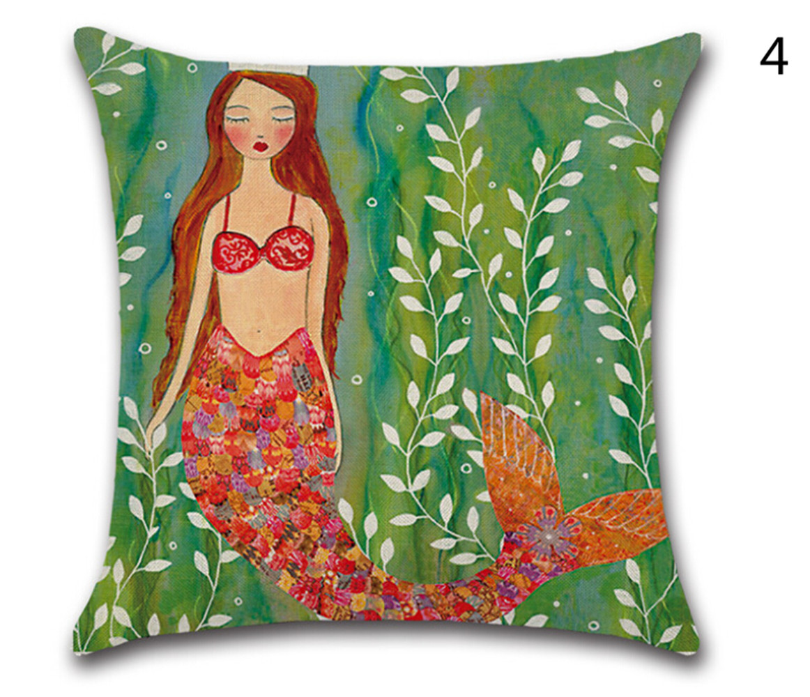 Cartoons Mermaid Cotton Linen Pillow Case Protector Cushion Cover Sofa Throw 18