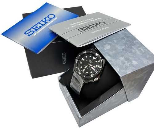 Pre-owned Seiko 5 Sports Automatic Srpd65 Black Day Date Stainless Steel Bracelet Watch
