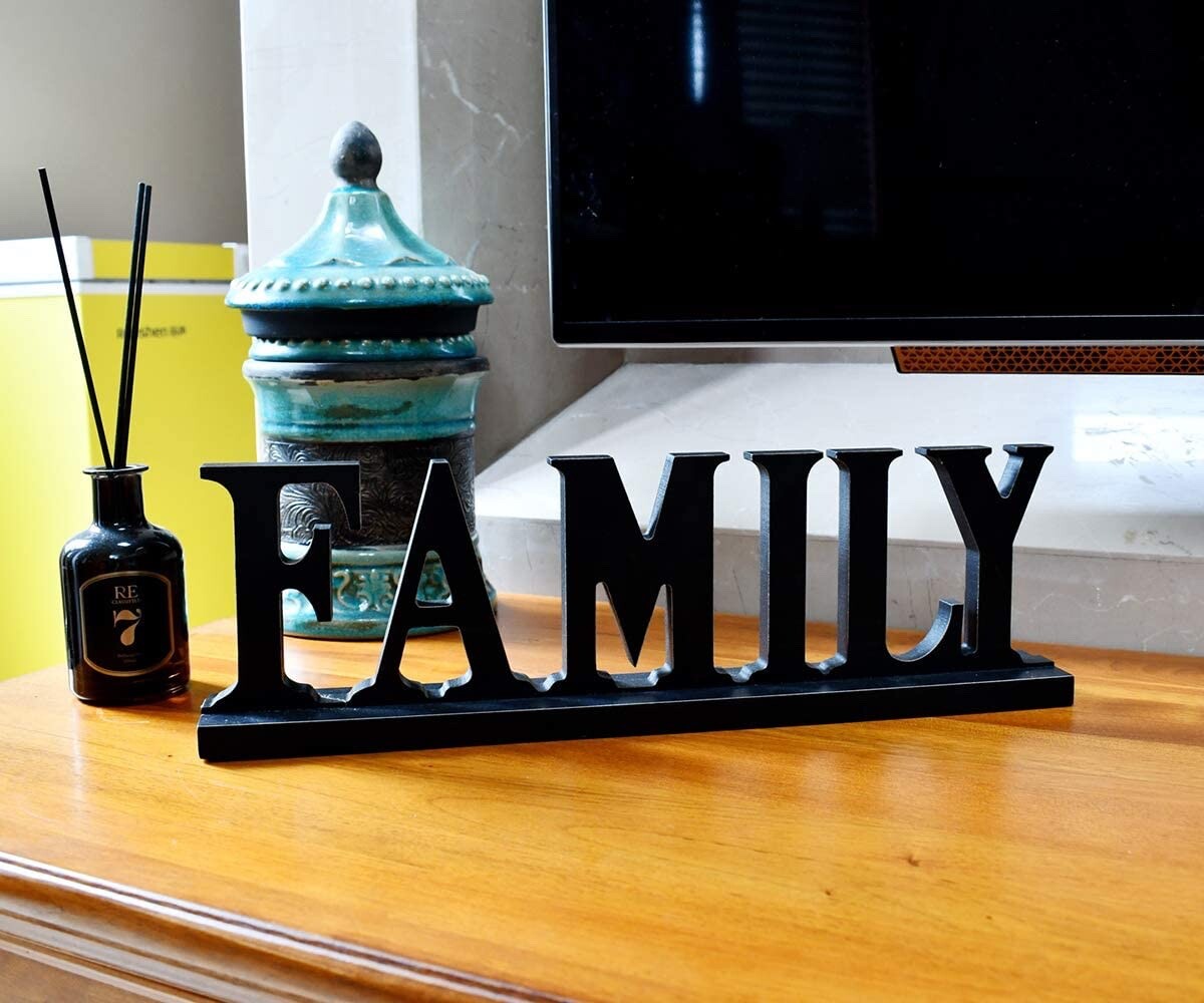 Wooden FAMILY Words Decorative Sign Free Standing Table Top Decoration, Cutout W