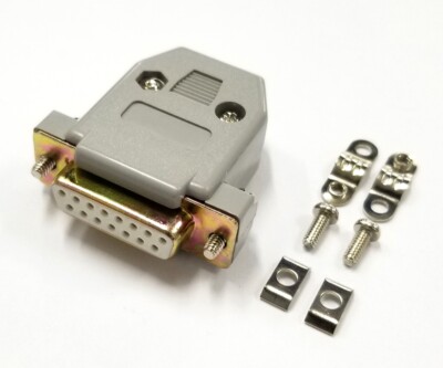 DB 15 Pin Female D-Sub Cable Mount Connector w/ Plastic Cover & Hardware DB15