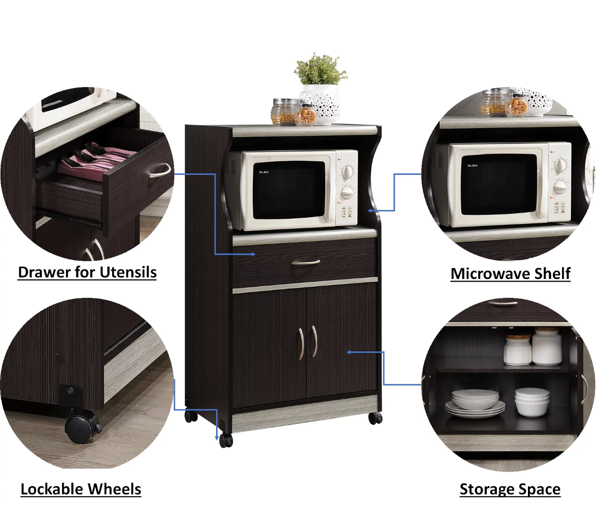 Hodedah Modern Practical Storage Microwave Cart with Shelves Chocolate Color USA