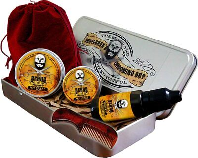 Men's Grooming Kit Beard Oil & Balm Moustache Wax Comb Bag 5pcs Tin Set Whiskey