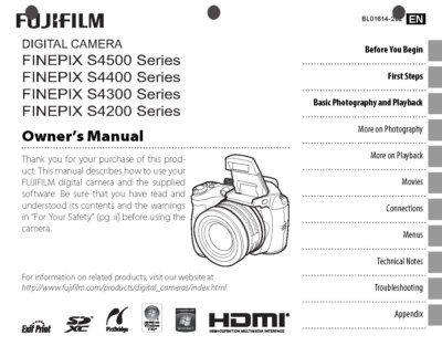 FujiFilm FinePix S4200 S4300 S4400 S4500 Digital Camera Owner's Manual Guide