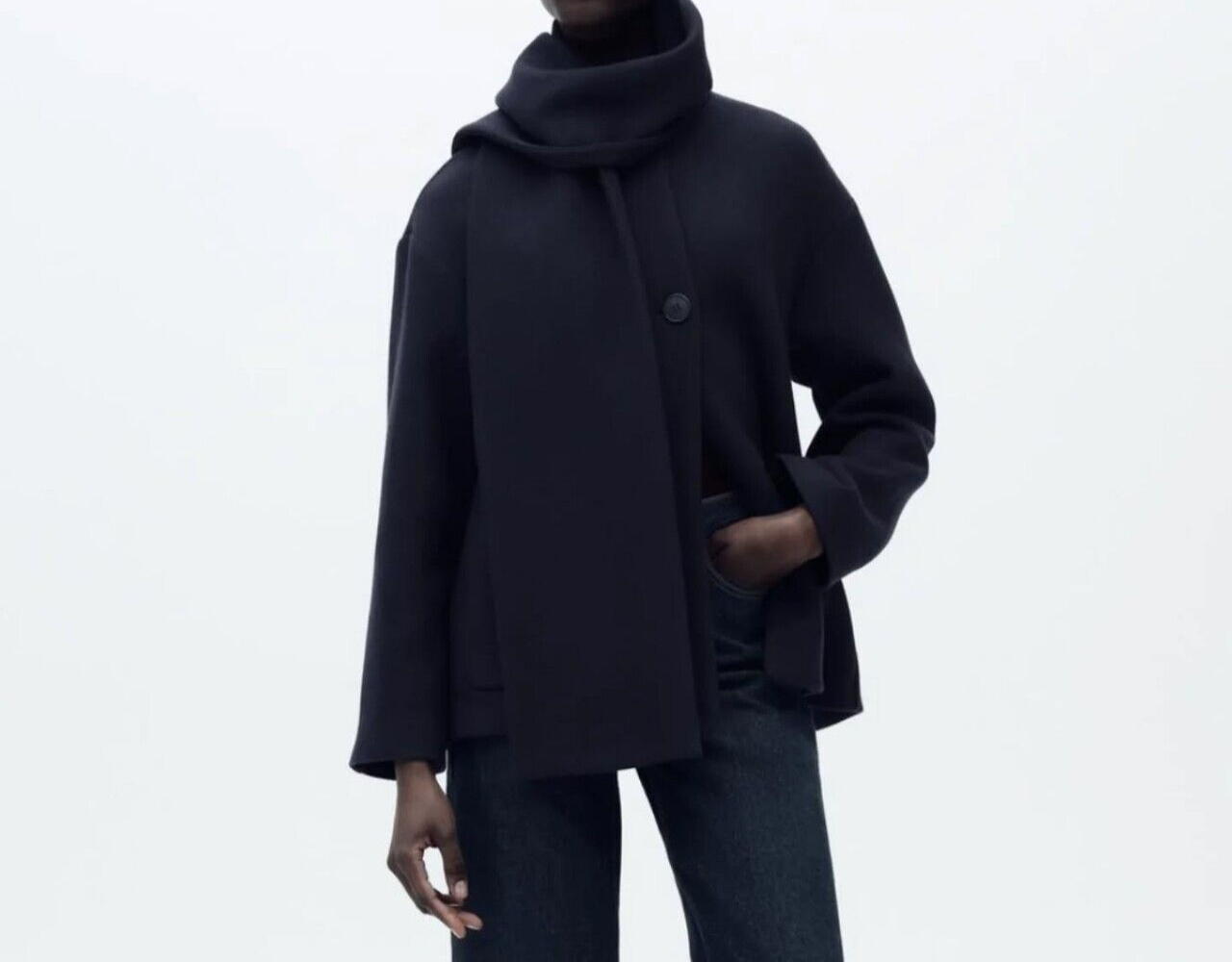 Zara Wool Coat Jacket With Scarf Navy Blue XS S M Extra