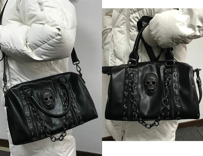 Women'S Skull Chain Handbag & Purse, Gothic Rivet Tote Satchel Shoulder Bag