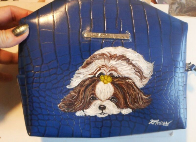 Shih Tzu Tote Bag Cosmetic Bag Pouch Hand Painted Blue Vegan Leather