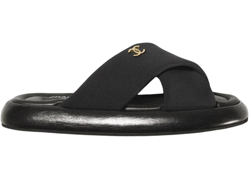 Pre-owned Chanel Rev Black Fabric Criss Cross Puffy Cc Logo Slide Mule Sandal Flop Flat 39