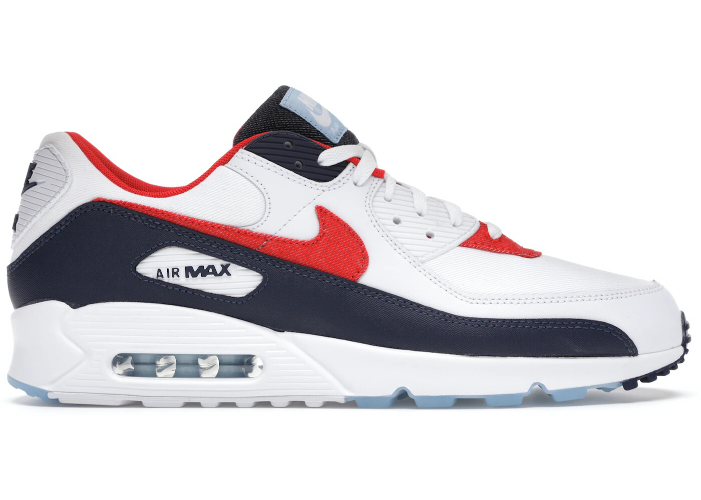 

Nike Air Max 90 USA Denim Olympic Красный Белый Синий DJ5170-100 Размер 6 Мужчины = 7,5 Женщины, Multicolor, Nike Air Max 90