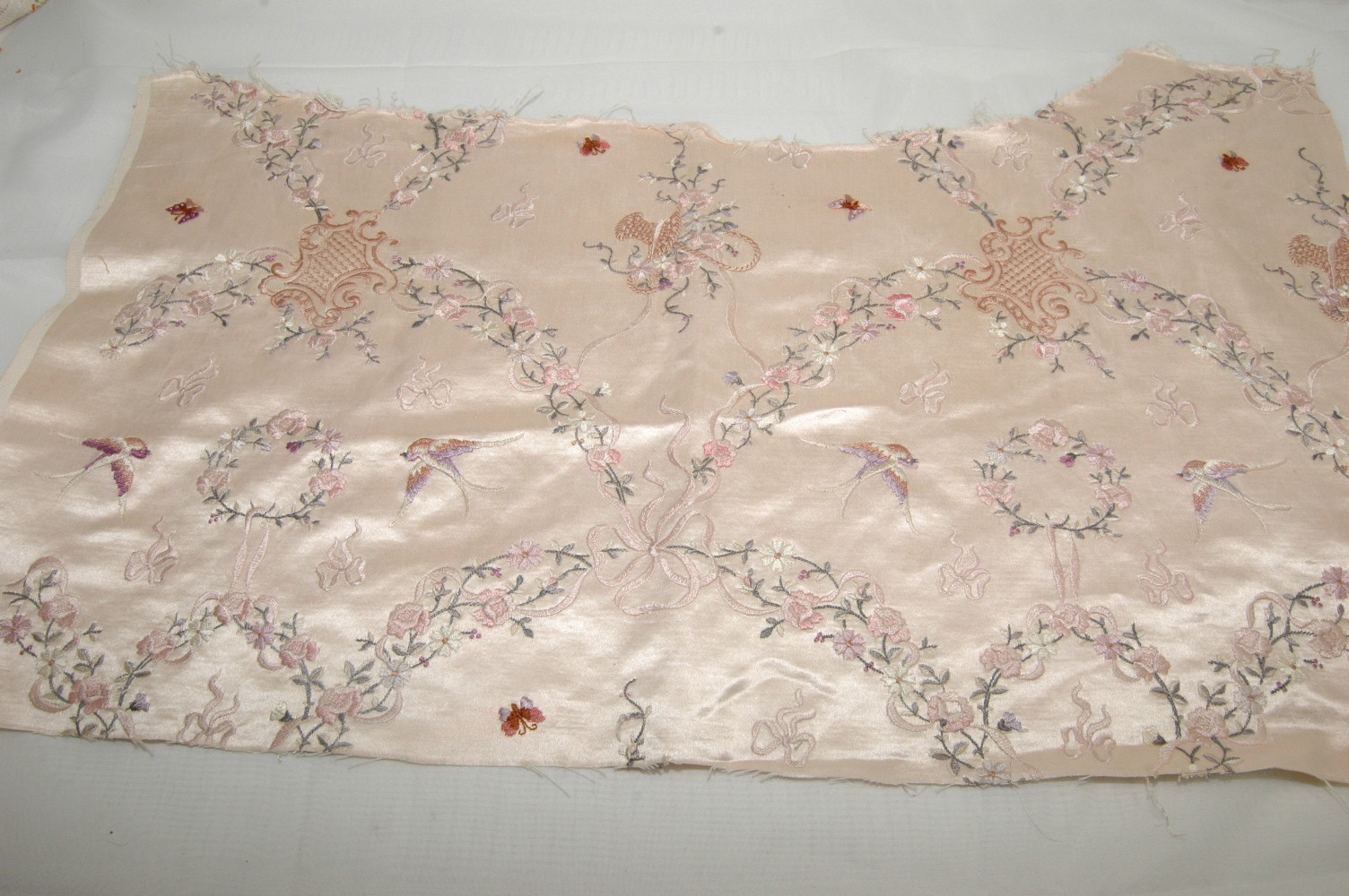 Silk DupioniEmbroidered Fabric Birds Basket Flower Ribbon Great for Crazy Quilt