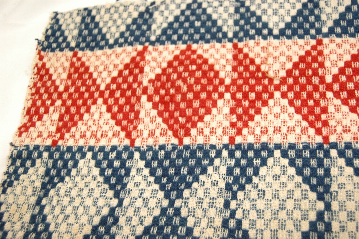 Antique Brick Red White Blue Woven Diamond Coverlet Runner Piece