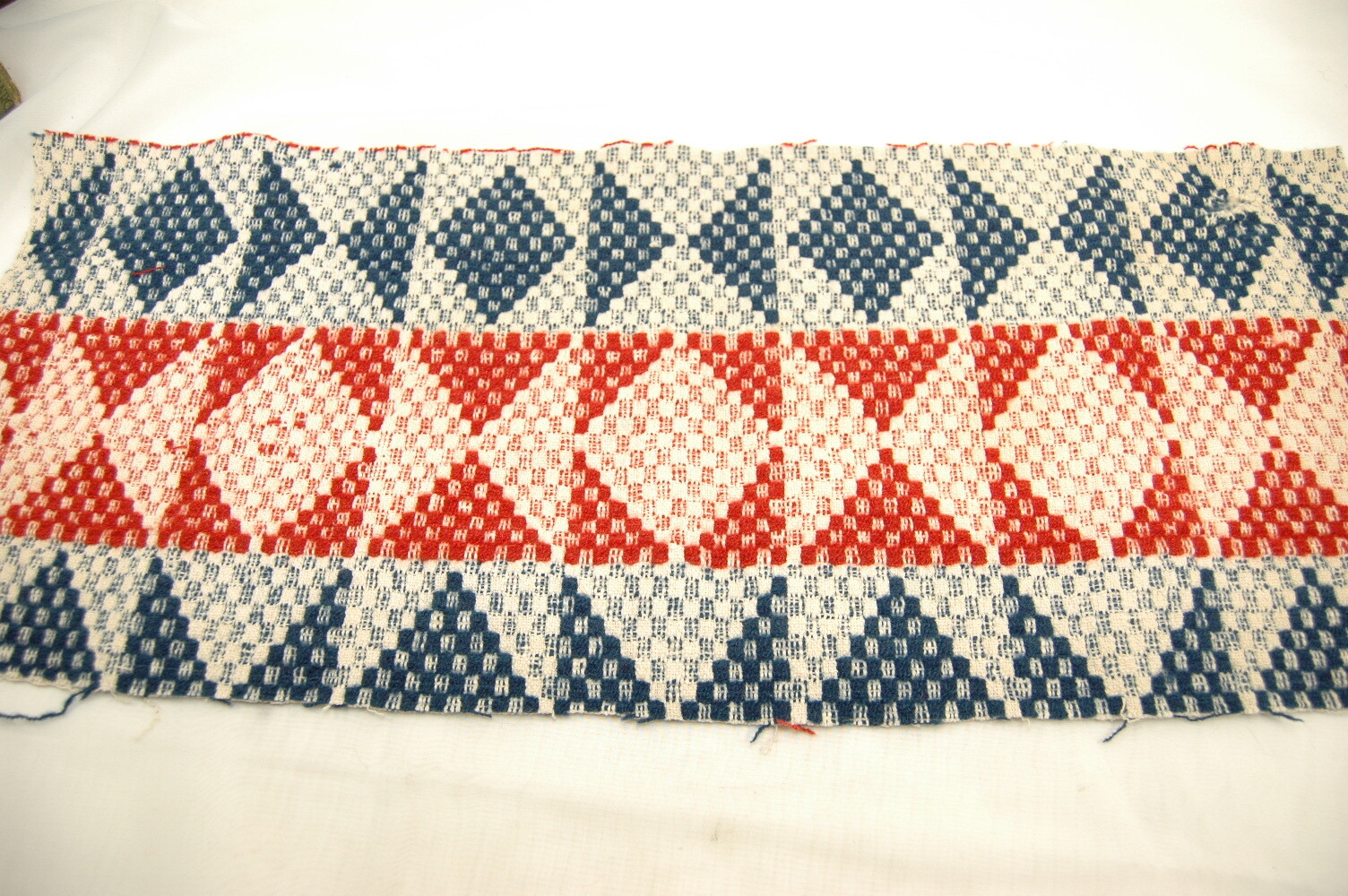 Antique Brick Red White Blue Woven Diamond Coverlet Runner Piece