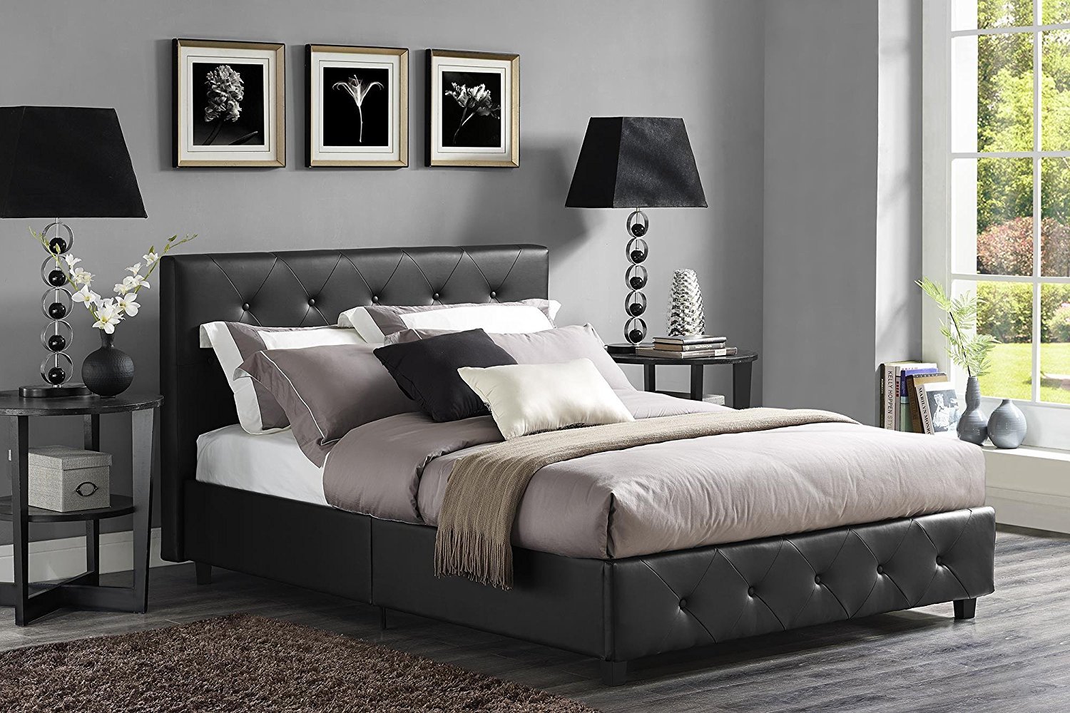 Queen Faux Black Leather Platform Bed w/ Tufted Padded Headboard and Rails NEW!