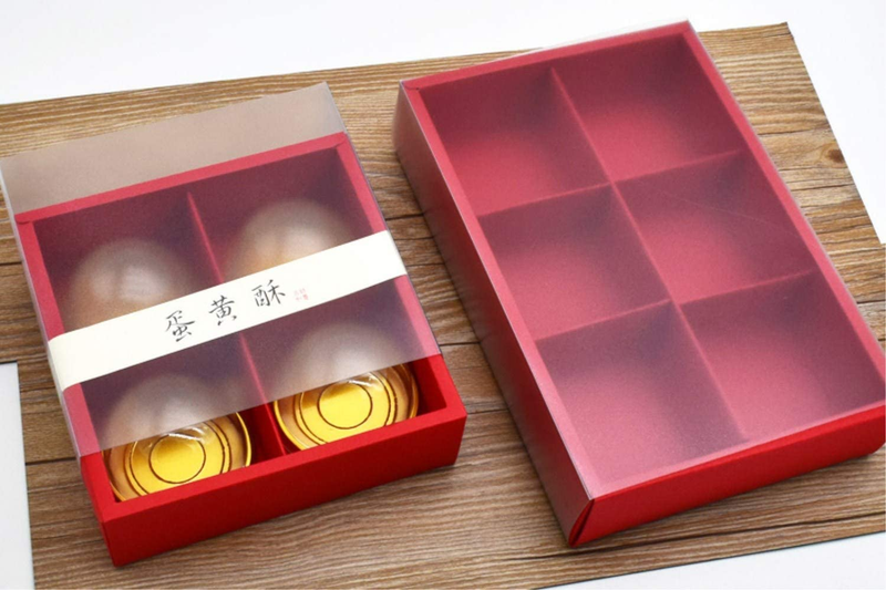BBC 4 Cavity Red Cake Box with Transparent Lids, Gift Packaging Boxes for Moon C