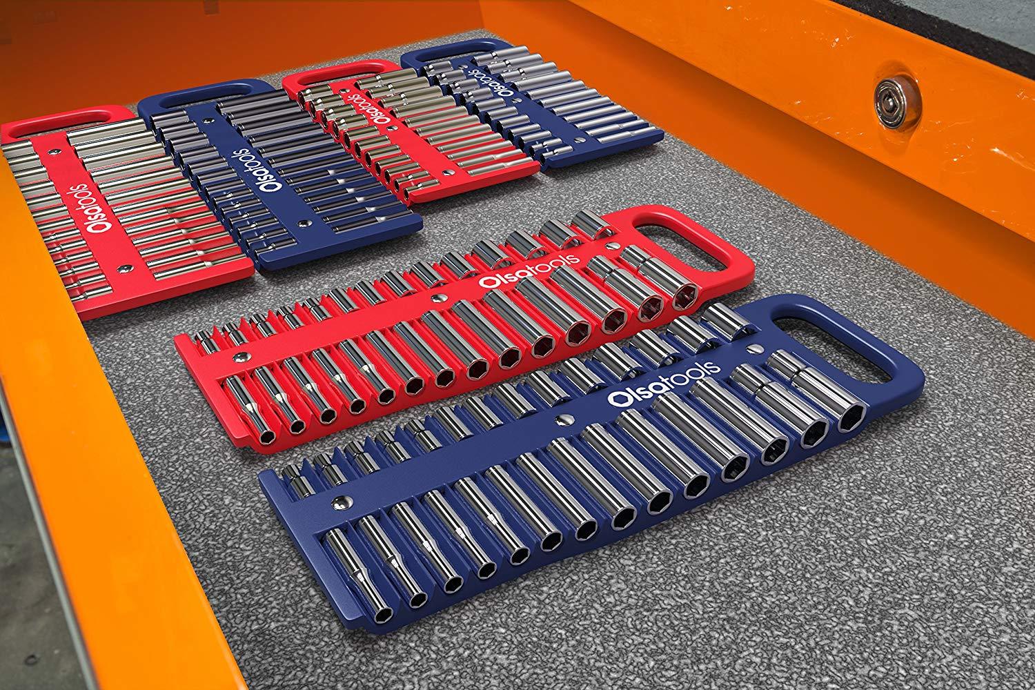 Portable Magnetic Socket Organizer Tray 3/8 inch Drive Blue Fits Deep Shallow